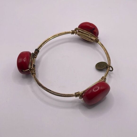 BOURBON and BOWTIES Goldtone Polished Red Stone Wired Bracelet Bangle - Picture 1 of 12